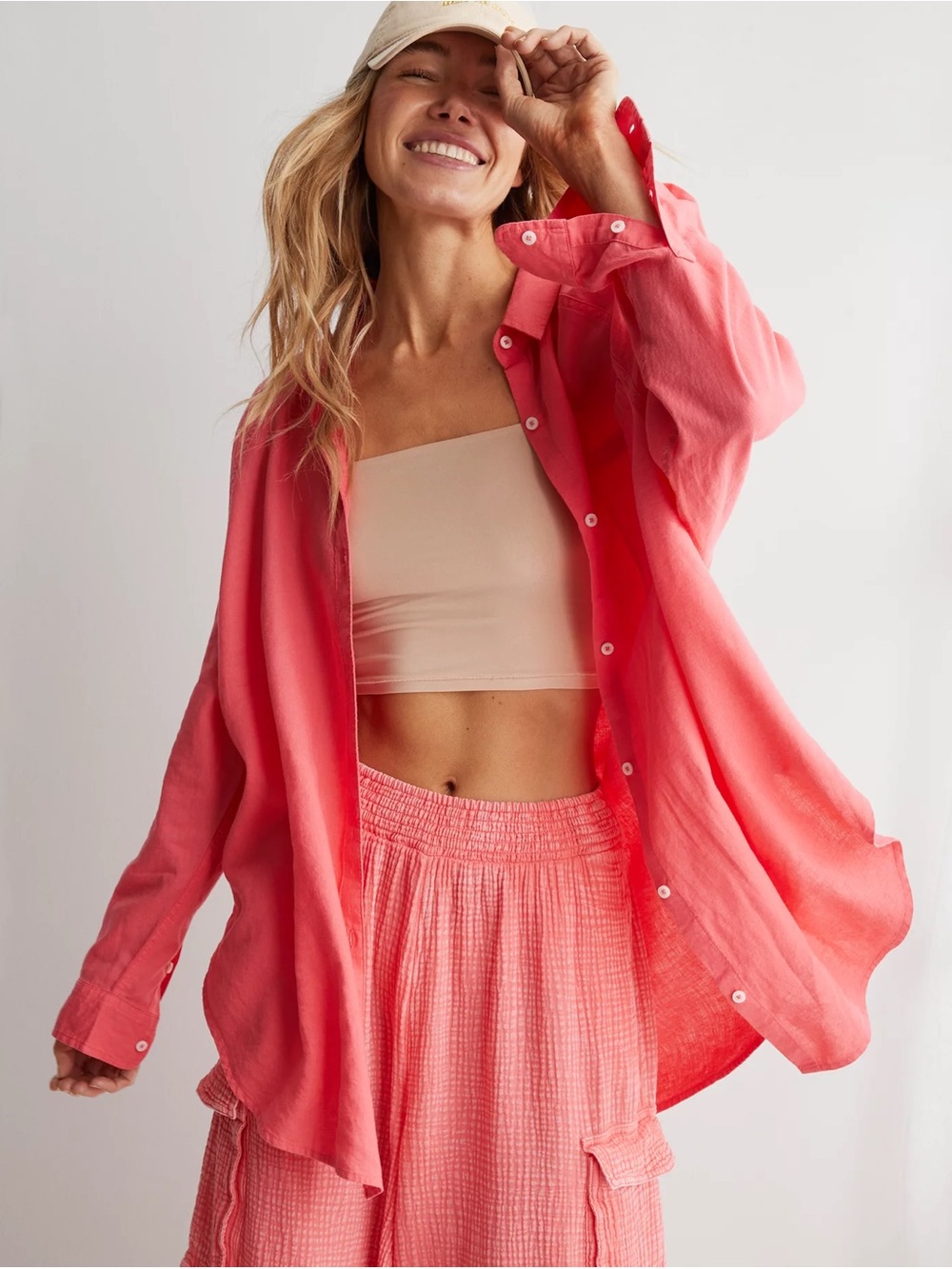 Aerie Linen Blend Oversized Lightweight Coral Pink Button-Up Shirt Women’s Small